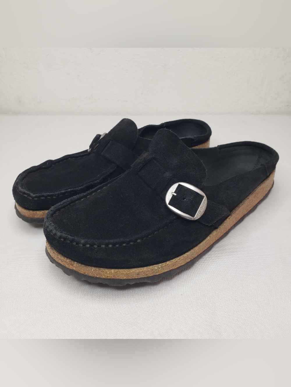 Birkenstock Black Suede Slip-On Mule with Silver Buckle Womens Size 38 EU